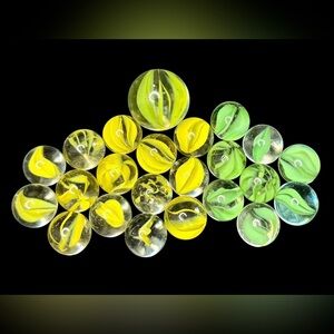 23 Vintage Yellow and Green "Cat's Eye" Shooter and Standard Glass Marbles